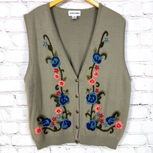Vintage Cottagecore vest embroidered fliral Gray, Blue Cardigan Sweater size L